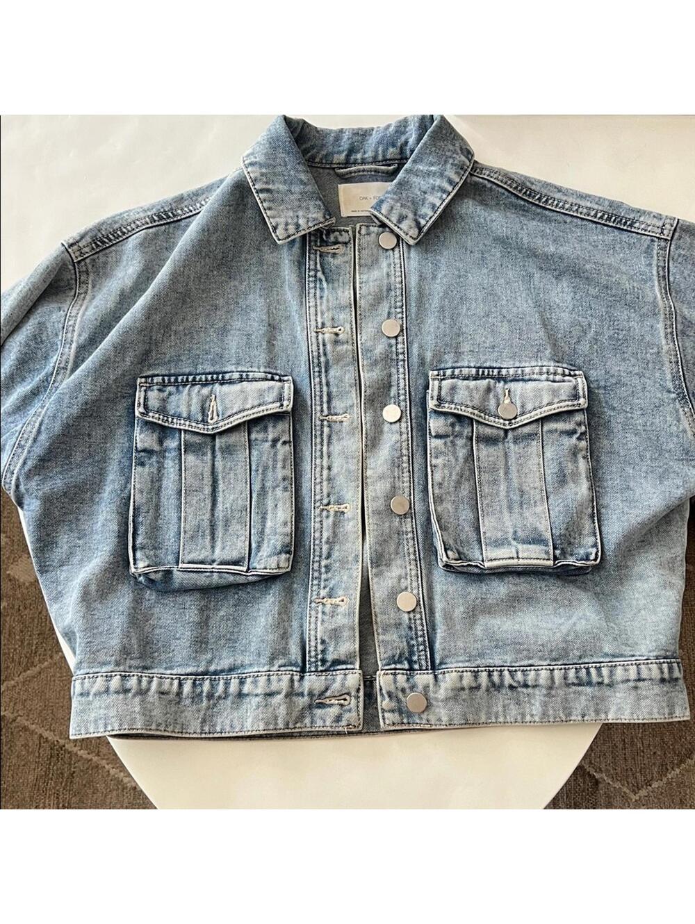 OAK + FORT Boxy Medium Acid Wash Cropped Heavyweight Denim Jean Jacket Small - Picture 3 of 6